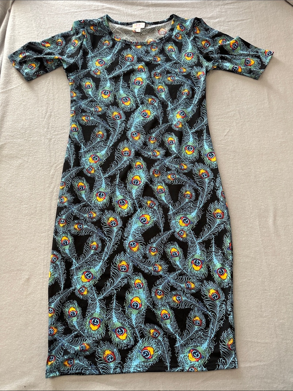 LuLaRoe Black Midi Dress with Peacock Feather Print